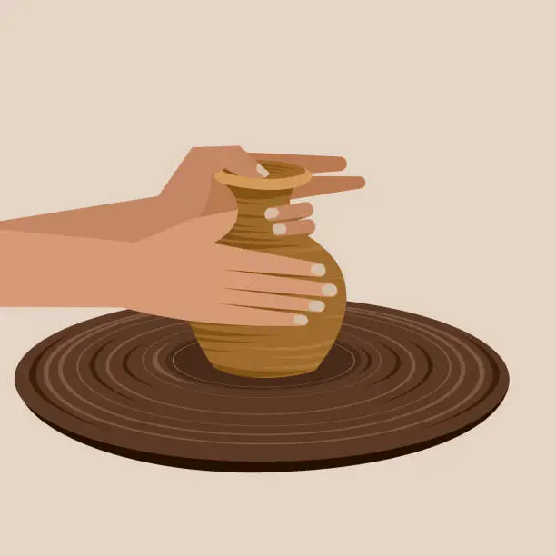 Vector illustration of Traditional pottery making with hand shaping a pot on a spinning wheel