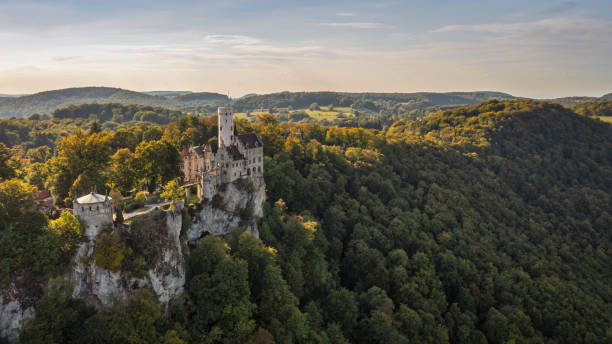 Schloss Lichtenstein Panorama Castle Lichtenstein Swabian Alb Germany Honau - Reutlingen, Germany - September 30th, 2018: Done point of view Panorama over the Swabian Jura - Schwäbische Alb - with beautiful fairy-tale Castle Lichtenstein on top a steep rock on a sunny late summer day. Swabian Alb, Reutlingen, Baden Wurttemberg, Germany, Europe reutlingen photos stock pictures, royalty-free photos & images
