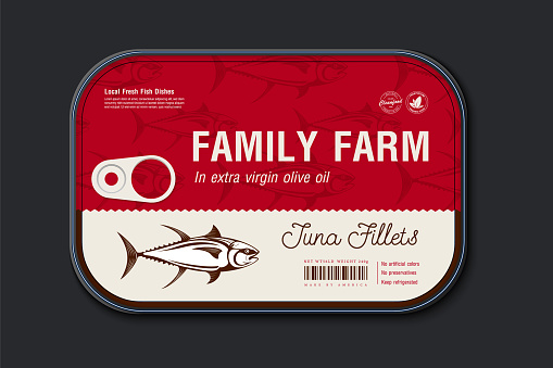 Abstract Vector Fish Aluminium Container with Label Cover. Retro Premium Canned Packaging Design. Modern Typography and Hand Drawn Tuna Silhouette Background Layout. Isolated.