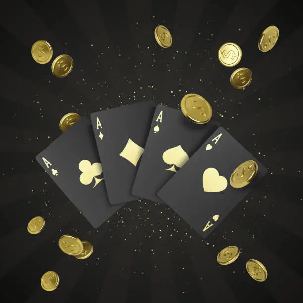Vector illustration of Four black poker cards with gold label and falling golden coin on background. Quads or four of a kind by ace. Casino banner or poster in royal style. Vector
