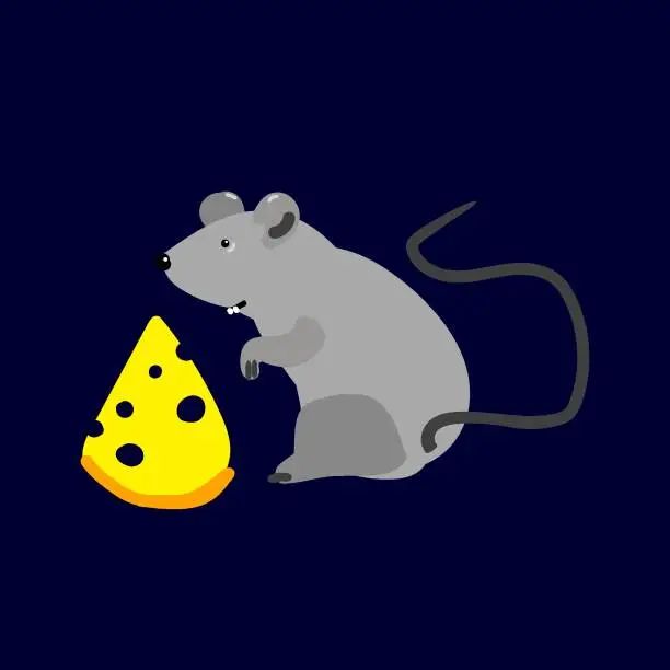 Vector illustration of Funny hand-drawn gray mouse with cheese