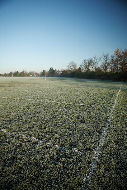 istock Practice football field covered in frost. 134020263