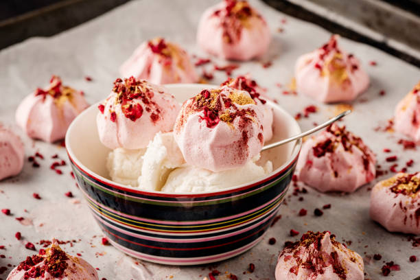 istock Decorated Baked Meringues with Ice Cream Dessert 1340202955