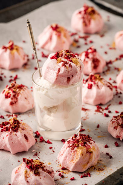 Decorated Baked Meringues with Ice Cream Dessert