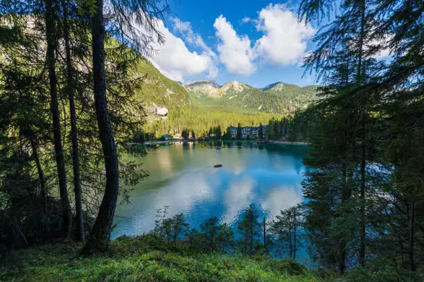Lago di Braies or Pragser Wildsee, small alpine beautiful lake in Braies valley (Puster valley), Dolomites, UNESCO world heritage site, Fanes-Senes-Braies nature park, South Tyrol, Trentino-Alto Adige, Bolzano province, Italy, Europe.