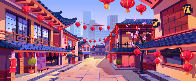 Chinese new year street festively decorated with lanterns, chinatown city background. Vector panorama with asian buildings and sakura blossoms, houses and lanterns, garlands, skyscrapers on background