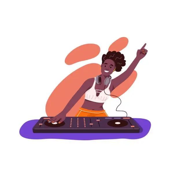 Vector illustration of Happy black-skinned DJ woman playing recorded music with electronic audio controller. Person mixing sounds at console mixer. Energetic female at turntable. Flat vector illustration isolated on white