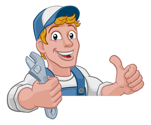 mechanik klempnerschlüssel schraubenschlüssel cartoon handwerker - mechanic cartoon construction work tool stock-grafiken, -clipart, -cartoons und -symbole