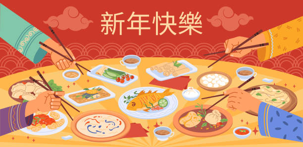 kolacja z okazji chińskiego nowego roku z jedzeniem na talerzach i rękami ludzi trzymającymi pałeczki, płaskie tło kreskówki. wektor tradycyjne dania kuchni chińskiej, ryby i ryż, zupa i warzywa, pierogi - asian cuisine illustrations stock illustrations