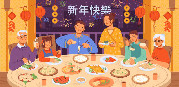 Family festive reunion dinner at table at home in evening, fireworks outside window, Chinese New Year holiday celebration. Vector food on plates and people hands holding chopsticks, flat cartoon Family festive reunion dinner at table at home in evening, fireworks outside window, Chinese New Year holiday celebration. Vector food on plates and people hands holding chopsticks, flat cartoon reunion stock illustrations