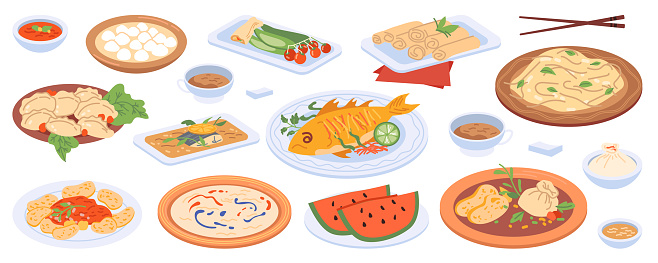Ilustración de Cena De Reunión Con Comida En Platos Aislados Conjunto De Iconos Planos De Dibujos Animados Vector Platos De Cocina Tradicional China Pescado Y Arroz Sopa Y Verduras Albóndigas Y Sandía Ilustración de Cena De Reunión Con Comida En Platos Aislados Conjunto De Iconos Planos De Dibujos Animados Vector Platos De Cocina Tradicional China Pescado Y Arroz Sopa Y Verduras Albóndigas Y Sandía