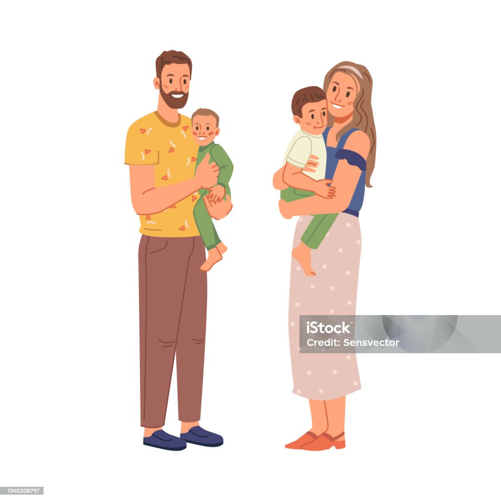 Happy Family Father Mother Two Sons Together Isolated Flat Cartoon  Characters Vector Mature Age Couple With Children Parents Holding Kids On  Hands Husband And Wife Mom And Dad Parenthood Stock Illustration -
