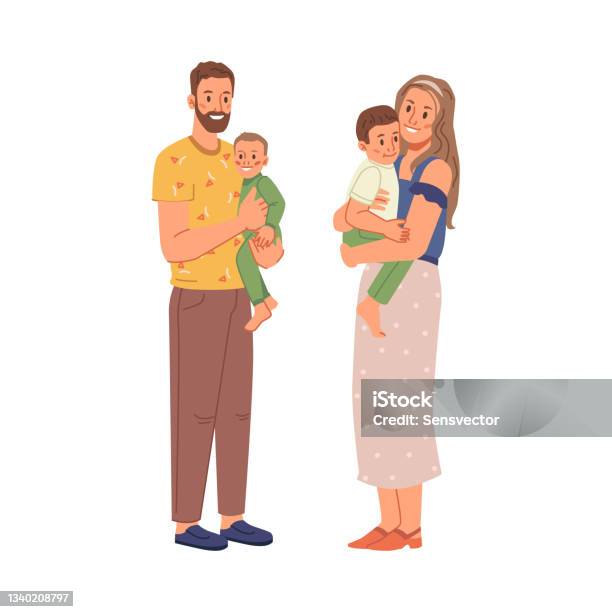 Happy Family Father Mother Two Sons Together Isolated Flat Cartoon  Characters Vector Mature Age Couple With