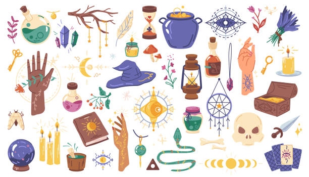magiczny zestaw, halloweenowe elementy czarów izolowane płaskie ikony kreskówek. wektorowy doodle eliksiru czarownic, czaszki, węża i kotła, alchemiczne tajemnicze przedmioty. latarnia i świece, amulet i zioła lecznicze - voodoo stock illustrations