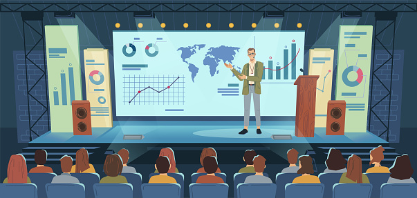 Modern stage, big screen, conference speaker and audience flat cartoon background. Vector lecture making presentation with graphs and charts, auditorium people on seminar, business meeting, politician