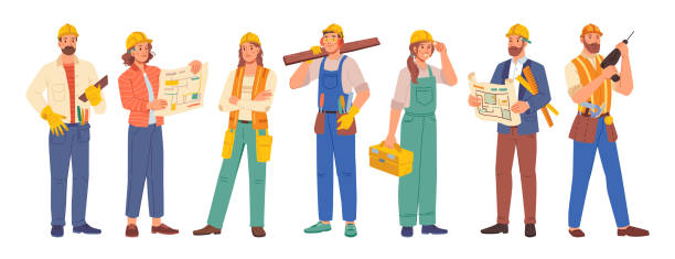 Workers professions isolated flat cartoon people set. Vector builders and architects, repairman and engineers, women and men industrial worker in uniform. Project managers, and employees in helmets Workers professions isolated flat cartoon people set. Vector builders and architects, repairman and engineers, women and men industrial worker in uniform. Project managers, and employees in helmets construction workers stock illustrations