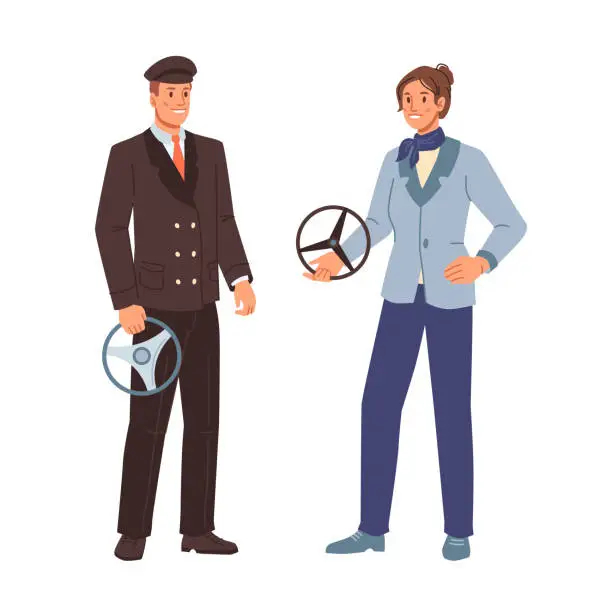 Vector illustration of Drivers, working profession of man and woman isolated cartoon characters. Vector taxi cab, school bus or tram driver, courier with wheel. Chauffeur in uniform set, driver people on road illustration
