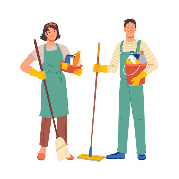 Vector illustration of Cleaning workers isolated flat cartoon characters man and woman in uniform. Vector professional staff, domestic cleaner and washing equipment. Home clean, housework service or housekeeping janitors