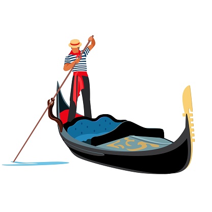 Venice gondola. Italy old boat with gondolier. Europe traveling concept. Vector illustration
