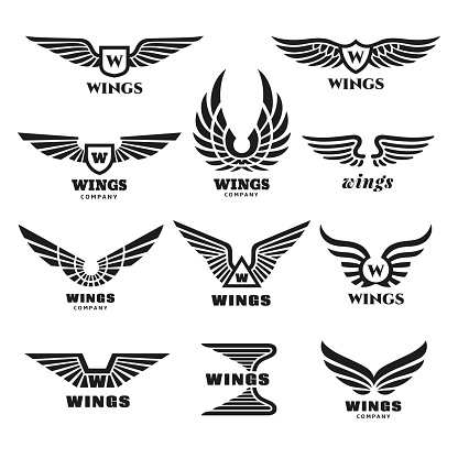 Wings logo set. Modern wing emblems, aviation labels. Abstract minimal army heraldry symbols, isolated black eagle or falcon tidy graphic vector elements. Illustration of logo bird wings sign