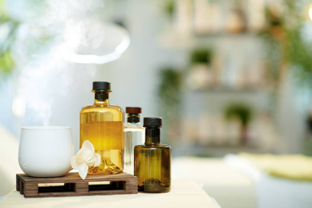 aroma lamp and essential oils in modern beauty salon.