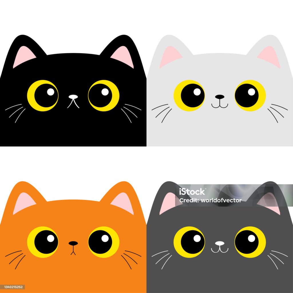 Cat Kitten Square Head Face Set Cute Cartoon Character Kawaii Baby Pet  Animal Pink Ears Nose Yellow Eyes Notebook Cover Tshirt Greeting Card Print  Flat Design White Background Stock Illustration - Download