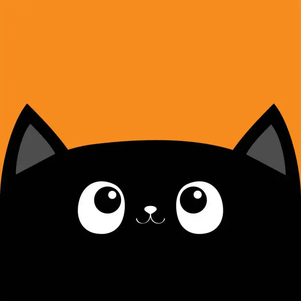 Vector illustration of Happy Halloween. Black cat kitten head face looking up. Cute kawaii cartoon character. Pet baby collection. Greeting card print. Flat design. Orange background. Isolated.