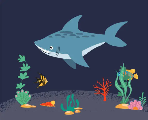 Vector illustration of A set of marine and oceanic habitats in the center of which is a gray shark. Beautiful coral reef and tropical fish on a blue sea background. Color flat vector illustration