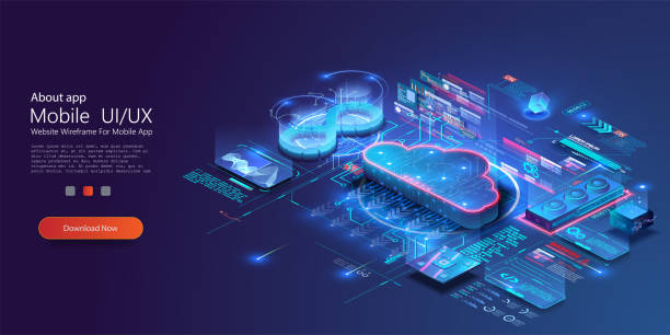 ilustrações de stock, clip art, desenhos animados e ícones de isometric modern web cloud technology and networking concept. digital service, app with data transfering. computing technology. devices connected to digital storage in data center via internet. devops - computer chip circuit board isometric computer