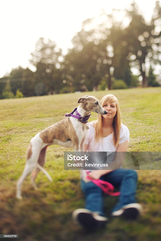 Cachorro e mulher sentada grama - Foto de stock de Cão royalty-free