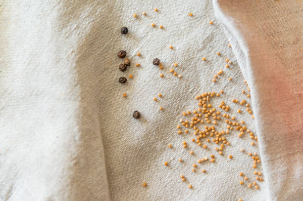 Linen fabric with a pronounced texture and folds. On the surface scattered black pepper and mustard. Empty light background for recipes, menu about healthy country food.
