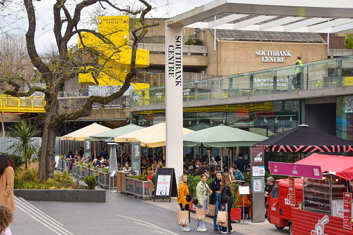 London, United Kingdom - April 13 2021: busy restaurants at Southbank Centre, daytime view.