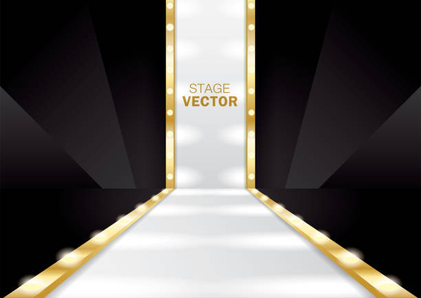 luxury fashion runway stage vector luxury white and gold fashion runway stage illustration vector on black background elevated walkway stock illustrations
