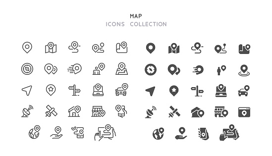 Set of navigation map vector icons. Line and flat design. Editable line stroke.