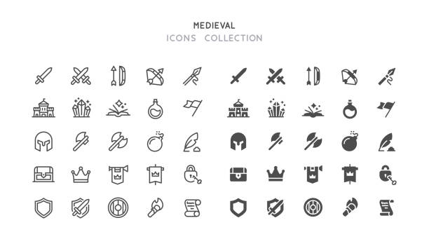 ikon baris &flat medieval - pertempuran perang ilustrasi stok