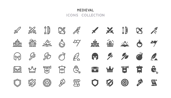 Set of medieval vector icons. Line and flat design. Editable line stroke.