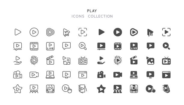 ilustraciones, imágenes clip art, dibujos animados e iconos de stock de iconos de line & flat play - video symbol movie computer icon