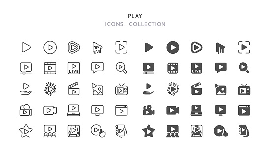 Set of play vector icons. Line and flat design. Editable line stroke.