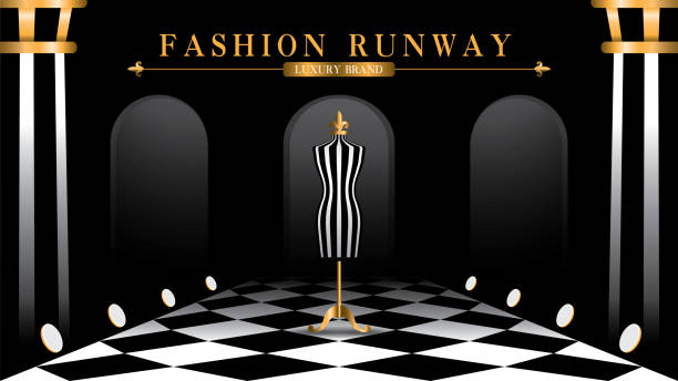 luxury fashion runway with vintage mannequin black and white striped pattern mannequin on checkered pattern floor catwalk with luxury dark scene illustration vector catwalk stage stock illustrations