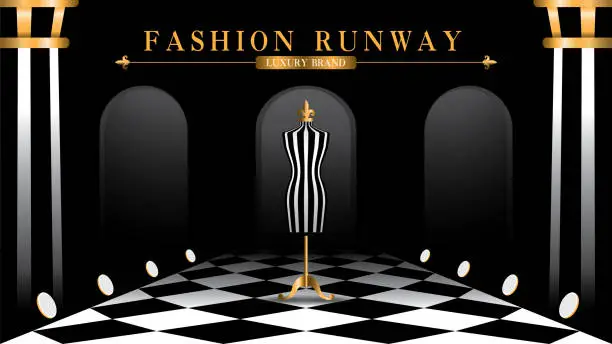 Vector illustration of luxury fashion runway with vintage mannequin