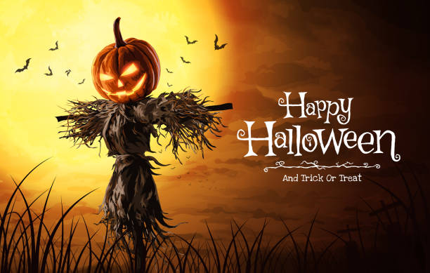 ilustrasi vektor orang-orangan sawah labu halloween di lapangan yang luas dengan bulan pada malam yang menakutkan - halloween ilustrasi stok