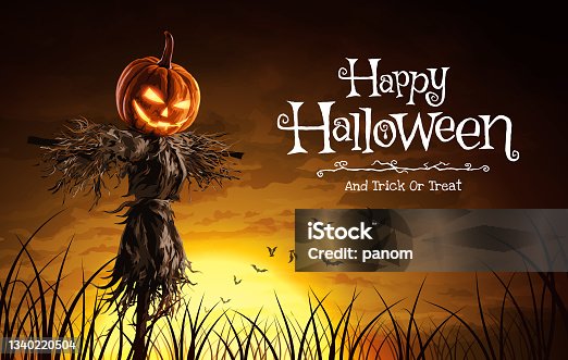 istock Vector illustration of Halloween pumpkin scarecrow on a wide field with the moon on a scary night 1340220504