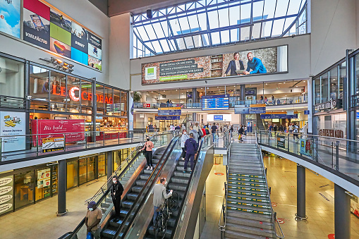 Nuremberg, Germany - September 11, 2021: Travelers in the train station of Nuremberg.