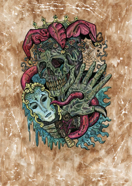 Grunge watercolor illustration of creepy skull of Joker with mask and mirror. Grunge watercolor illustration of creepy skull of Joker with mask and mirror. Mystic drawing for Halloween with esoteric, gothic, occult concept crazy clown tattoos drawings stock illustrations