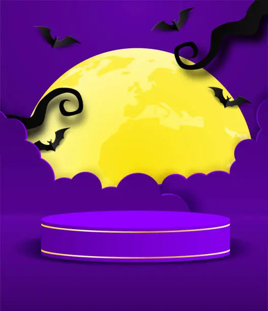 Vector illustration of Happy Halloween sale theme product display podium. Design with bat on purple  background. paper art style. vector.