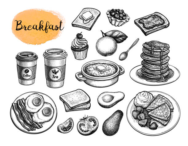 ilustraciones, imágenes clip art, dibujos animados e iconos de stock de la comida del desayuno dibuja un gran conjunto. - muffin cake cupcake blueberry muffin