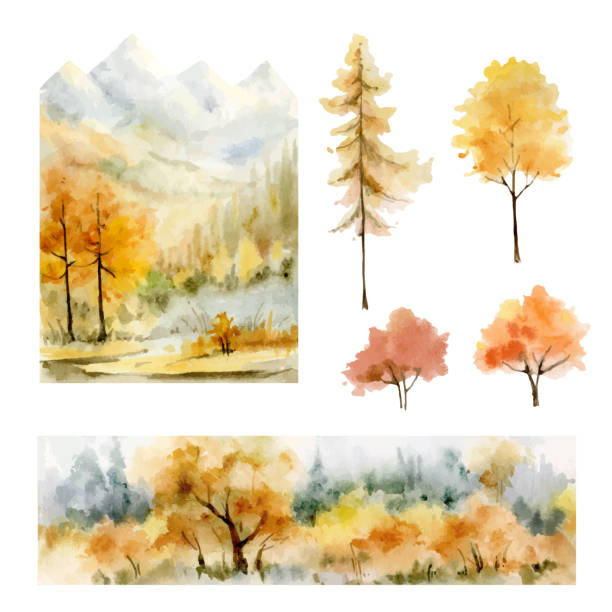 A watercolor vector set of autumn forest background and trees. Natural artwork  for decoration design of postcards, greeting cards, scrapbooking and more. A watercolor set of autumn forest background with trees and mountains. Natural artwork  for decoration design of postcards, greeting cards, scrapbooking and more. spring flower mountain landscape stock illustrations