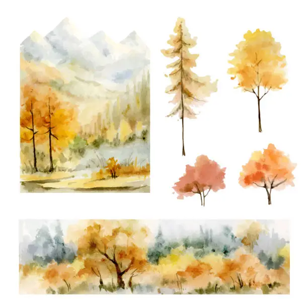 Vector illustration of A watercolor vector set of autumn forest background and trees. Natural artwork  for decoration design of postcards, greeting cards, scrapbooking and more.