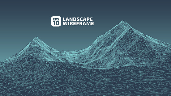 3D grid technology illustration landscape. Digital Terrain Cyberspace in the Mountains with valleys. Data Array. Vector Illustration.