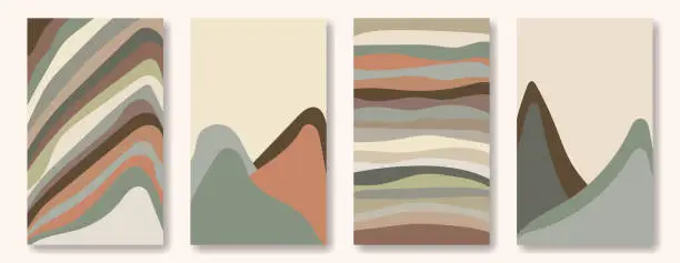 Vector illustration of Set of abstract landscape vertical backgrounds. Mountains, hills, plains, nature in muted earthy tones. Four backgrounds for decor, print and social media posting.